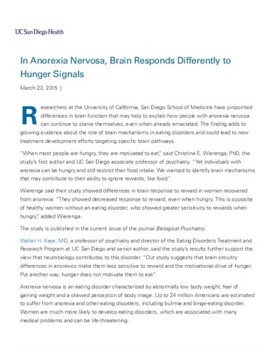 In Anorexia Nervosa, Brain Responds Differently to Hunger Signals
