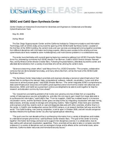 SDSC and Calit2 Open Synthesis Center--Center Creates an Interactive Environment for Scientists and Engineers to Collaborate and Develop Cyberinfrastructure Tools