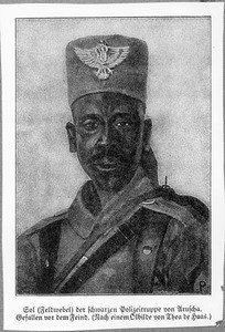 Sergeant Sol of the African police force of Arusha, Tanzania, ca. 1916