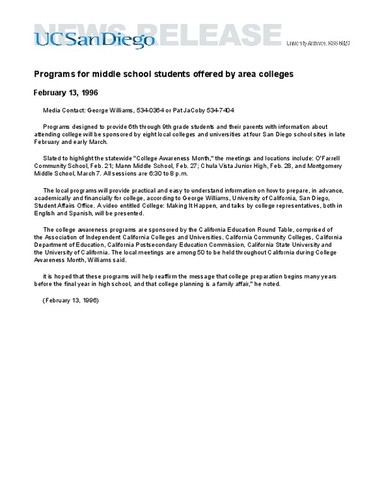 Programs for middle school students offered by area colleges