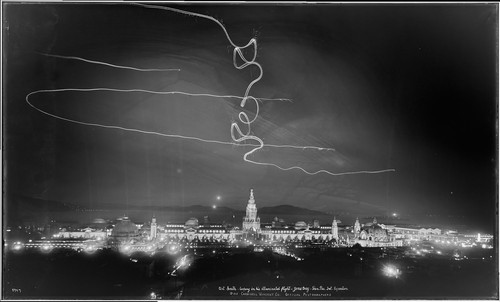 Art Smith looping in his illuminated flight, Zone Day, Panama Pacific International Exposition