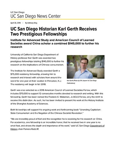 UC San Diego Historian Karl Gerth Receives Two Prestigious Fellowships