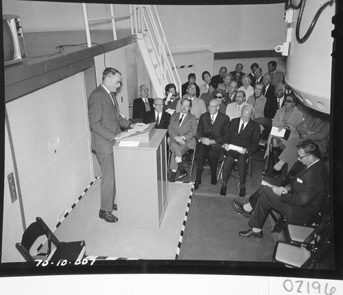 Horace W. Babcock addressing guests at the dedication of the 60-inch telescope, Palomar Observatory