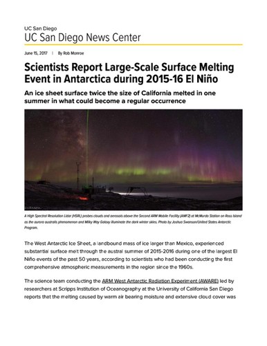 Scientists Report Large-Scale Surface Melting Event in Antarctica during 2015-16 El Niño