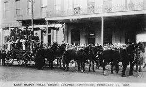 People gathered for the last trip of the Black Hills stage coach for Cheyenne, Wyoming, February 19, 1887