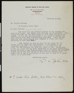 Robert Underwood Johnson, letter, 1916-02-08, to Hamlin Garland