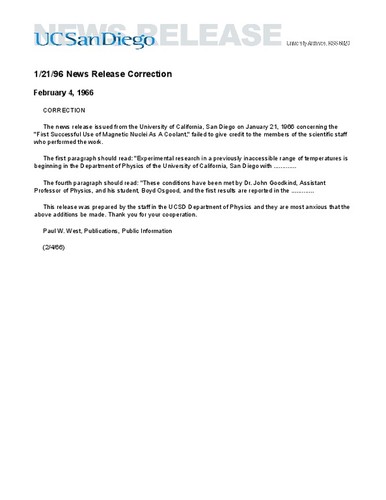 1/21/96 News Release Correction