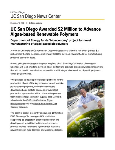 UC San Diego Awarded $2 Million to Advance Algae-based Renewable Polymers