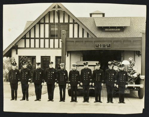 Crew in front of Fire Station No. 4, 4th and Loma. Long Beach, CA