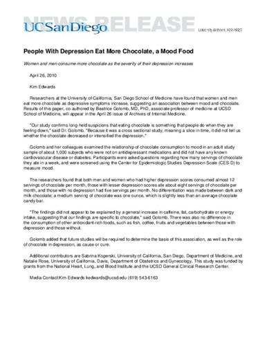 People With Depression Eat More Chocolate, a Mood Food--Women and men consume more chocolate as the severity of their depression increases