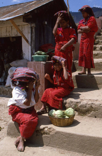 Mayan women in front of a store on market day, Chajul, 1982