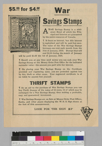$5,00 for $4,00 War Savings Stamps: Thrift Stamps; on verso in French Canadian Language