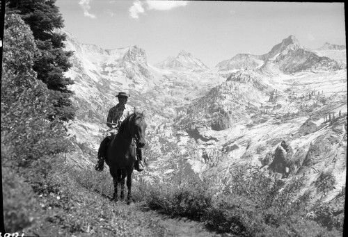 Trails, Stock Use, Great Western Divide from High Sierra Trail near Bearpaw, John Alcorn on horse