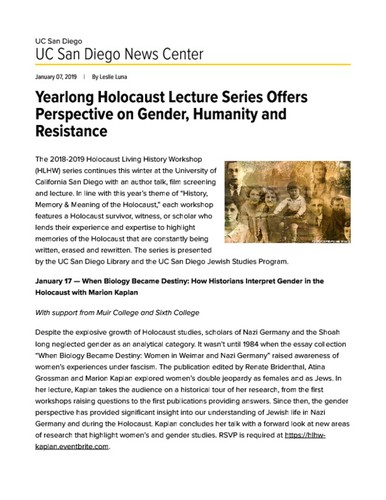 Yearlong Holocaust Lecture Series Offers Perspective on Gender, Humanity and Resistance
