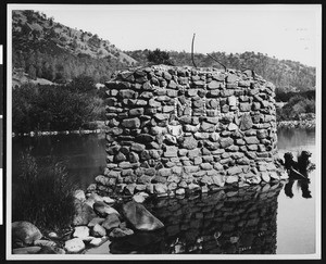 View of stone pilings at Sutter's Mill in Coloma, ca.1930