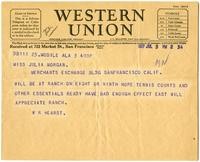 Telegram from William Randolph Hearst to Julia Morgan, July 3, 1927