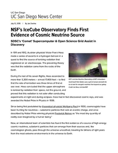 NSF's IceCube Observatory Finds First Evidence of Cosmic Neutrino Source