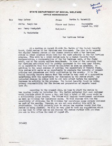 Memo on Field Review of War Services
