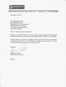 Letter, Andrew J. Viterbi to Yukimatsu Takeda, August 14, 1992
