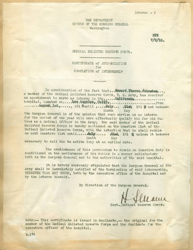 War Department Certificate of Authorization for Completion of Interneship