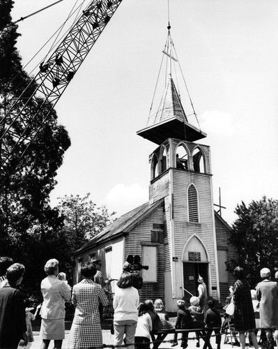 Old St. Raymond's Church, placing bell tower (1970), photograph