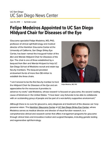 Felipe Medeiros Appointed to UC San Diego Hildyard Chair for Diseases of the Eye