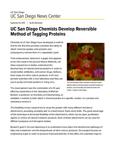 UC San Diego Chemists Develop Reversible Method of Tagging Proteins