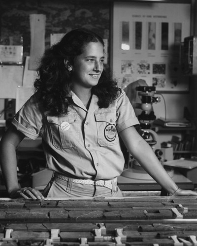 Leslie Reynolds, curatorial representative aboard the D/V Glomar Challenger (ship) during the Deep Sea Drilling Project. As the curatorial representative she helped to manage the administrative end of the core collection. 1981