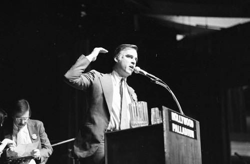 Jerry Brown speaking during the FDR birthday celebration at the Hollywood Palladium, Los Angeles, 1982