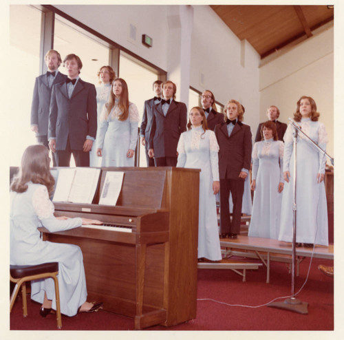 Pepperdine's a cappella choir in performance or rehearsal, circa 1974