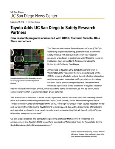 Toyota Adds UC San Diego to Safety Research Partners