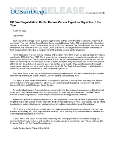 UC San Diego Medical Center Honors Cancer Expert as Physician of the Year