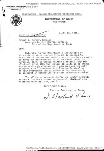 J. Howland Share letter to Robert Murphy regarding allotment for travel to North Africa, with attachments