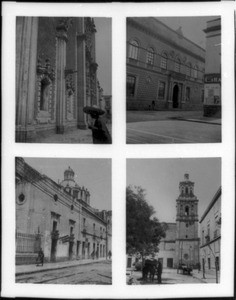 Four views of Mexican architecture and street scenes, with churches