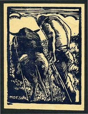 Woodcut print of man and buffalo straining to pull a load