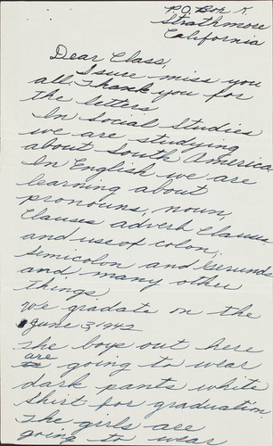 Letter from Kay [Kazue] Murakishi to class, 1942
