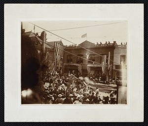 Chinese procession with paper dragon in a Los Angeles parade, cabinet card, 1901-05