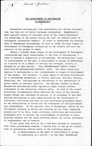 The development of nationalism in Mozambique by Eduardo Mondlane, 1964 Dec. 3