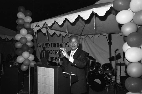 David Dinkins preparing to speak at a lectern, Los Angeles, 1989