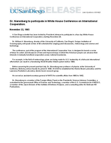 Dr. Nierenberg to participate in White House Conference on International Cooperation