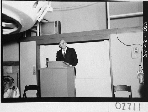 Raymond L. Bisplinghoff addressing the guests at the dedication of the 60-inch telescope, Palomar Observatory