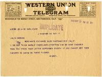 Copy of a Telegram from William Randolph Hearst to Julia Morgan, September 12, 1923