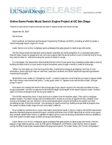 Online Game Feeds Music Search Engine Project at UC San Diego--Toward a music search engine that lets you type in regular words and returns songs