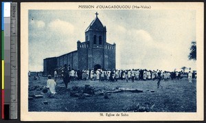 People congregate in front of the church, Saba, Burkina Faso, ca.1900-1930