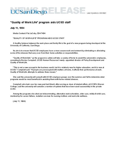 "Quality of Work/Life" program aids UCSD staff