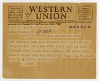 Telegram from H. O. Hunter to Julia Morgan, July 28, 1928