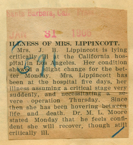 Illness of Mrs. Lippincott