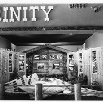 View of Trinity County's exhibit booth at the California State Fair. This was the last fair held at the old fair grounds