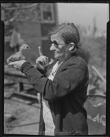 Ella Zanow admonishes a chicken, Los Angeles, 1936