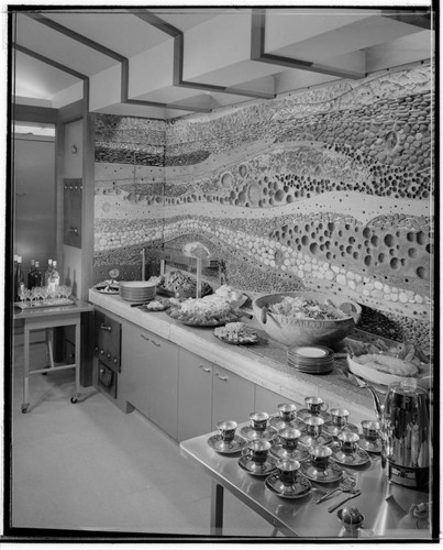 Arts of Daily Living Exhibition: Kitchen. Mural by Emile Norman and buffet